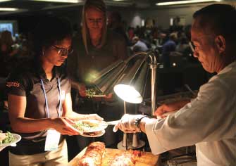 Meeting attendees at dinner