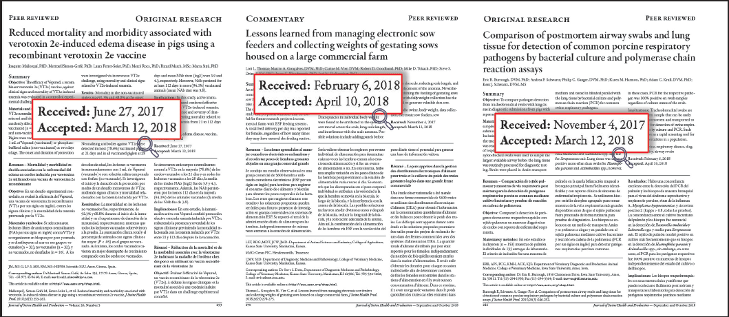 Three representative article first pages with received and accepted dates enlarged